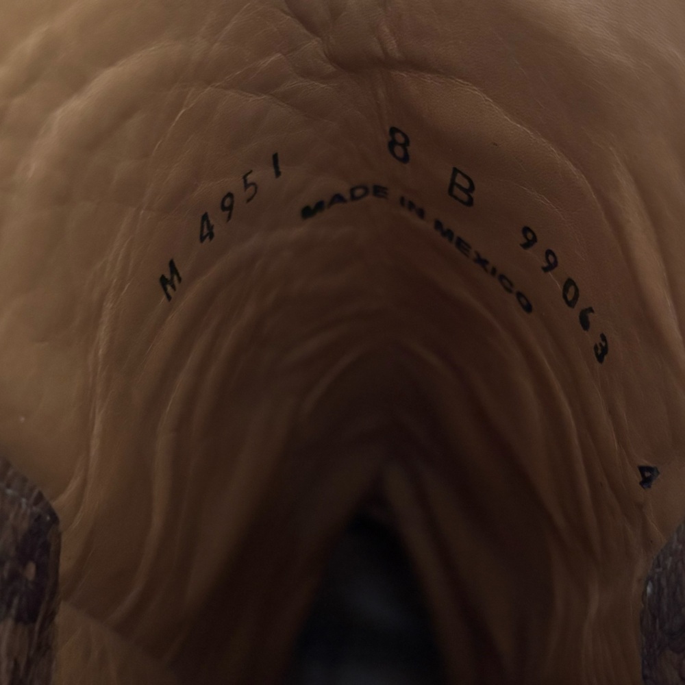 Lucchese Brown Leather Floral Embossed Heeled Cowboy Boots - Picture 6 of 7